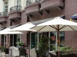 Mái che quán cà phê được sử dụng một cách linh hoạt, tạo điểm nhấn trong thiết kế